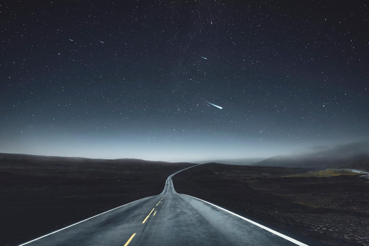 高速公路, 夜晚, 景观, 天空, 星星, 射击之星, 小行星, 山, 多雾路段