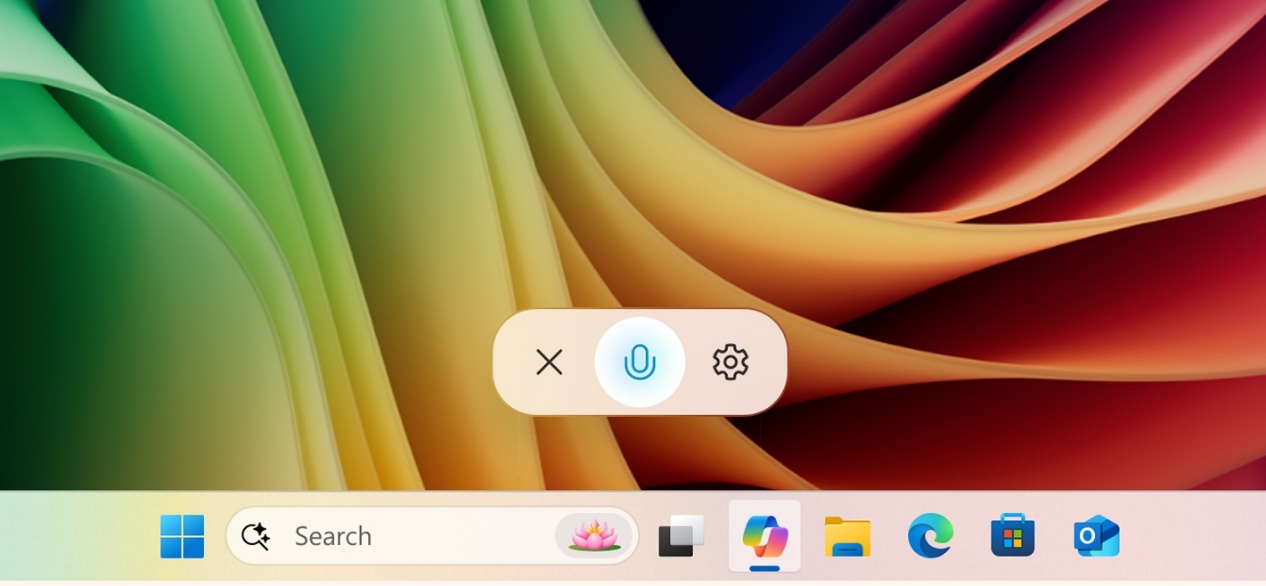 The Copilot voice UI active on Windows 11, with a microphone logo floating above the toolbar.